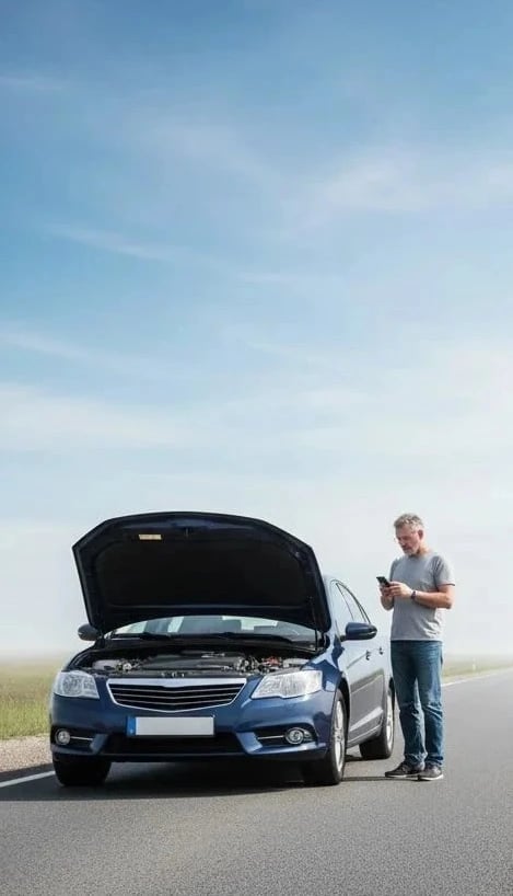 Man checking clipboard next to blue car with open hood on roadside with open field