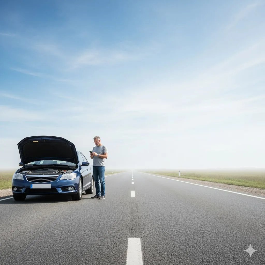 Man standing by disabled blue car with open hood on empty highway under clear sky